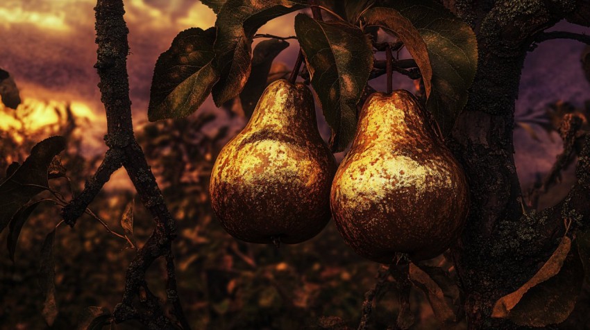 Metallic Gold Pears on Autumn Tree at Sunset