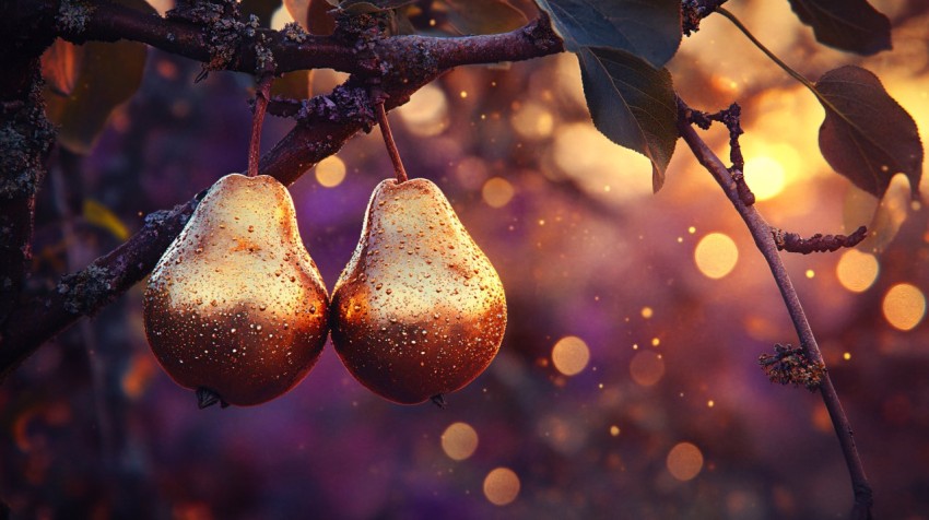 Gold Reflective Pears in Moody Autumn Sunset