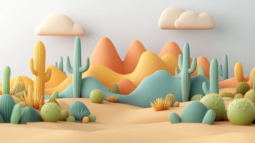 Playful Cartoon Desert Landscape with Cacti