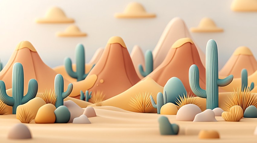 Whimsical Cartoon Desert Landscape with Cacti