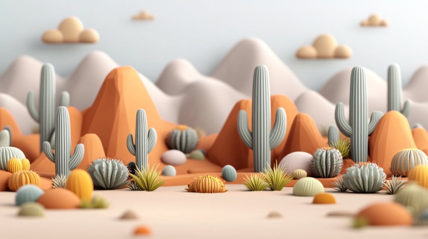 Colorful Cartoon Desert Landscape with Cacti