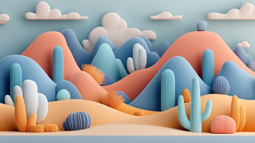 Vibrant Cartoon Desert Landscape with Cacti