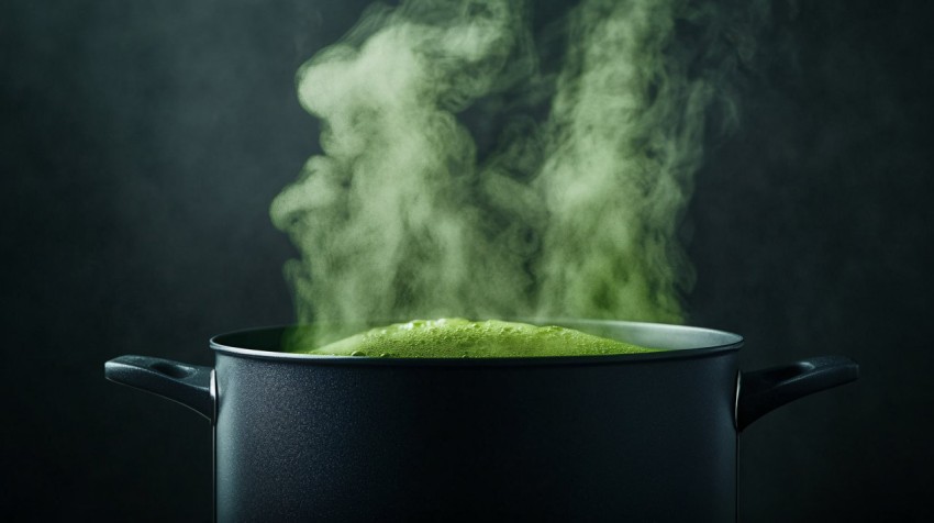 Mysterious Black Pot with Swirling Green Steam