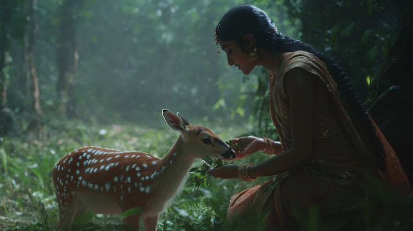 Parshuram Feeding a Deer in Indian Forest