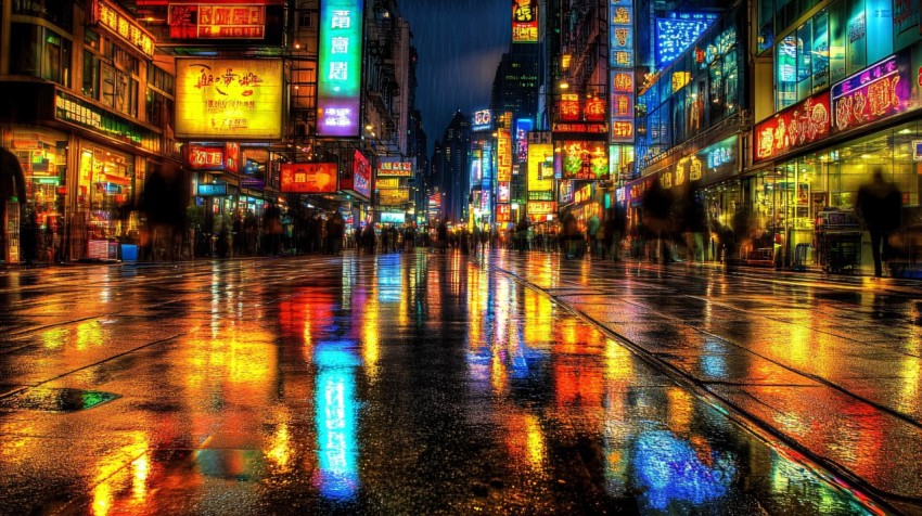 Hong Kong Street with Neon Signs