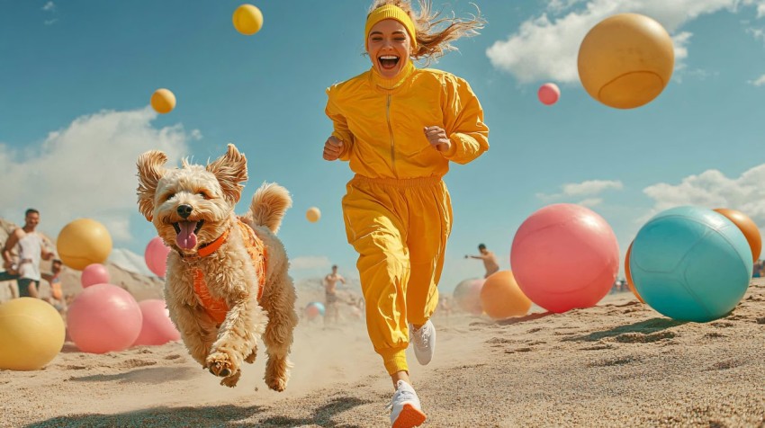 Running with a Fluffy Dog on the Beach