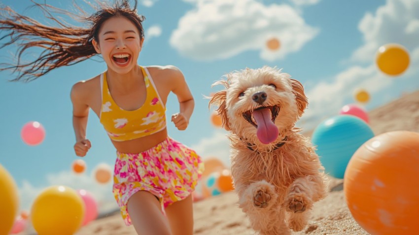 Running on the Beach with a Fluffy Dog