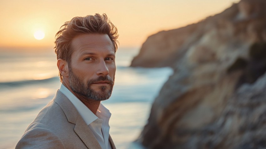 Attractive Man in Light Suit by the Beach