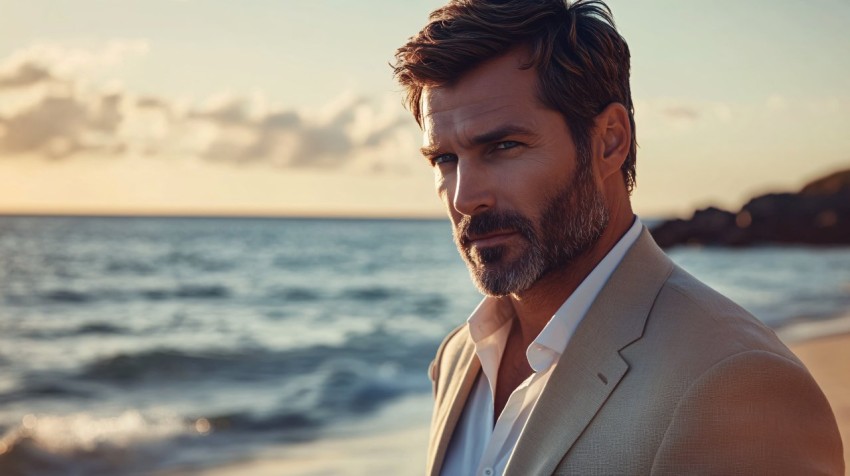 Elegant Man in Light Suit on Beach