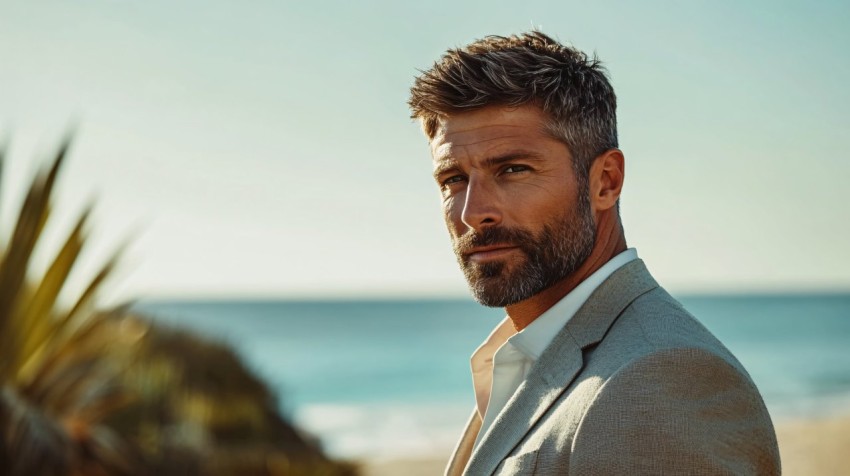 Stylish Man in Suit at Beach Sunset