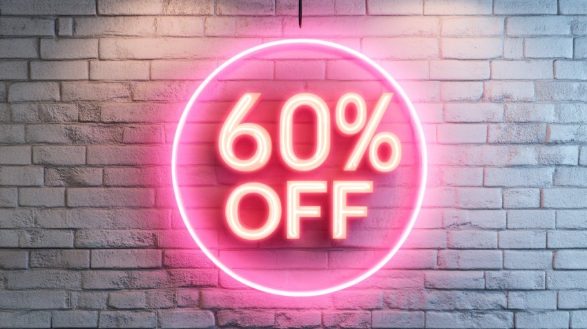 Neon Sign Displaying "60% OFF" on Brick Wall