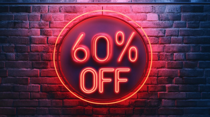 Neon "60% OFF" Sign on Brick Wall