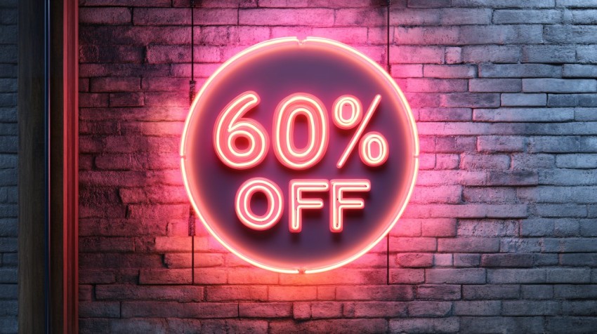 Beige "60% OFF" Neon Sign on Brick Wall