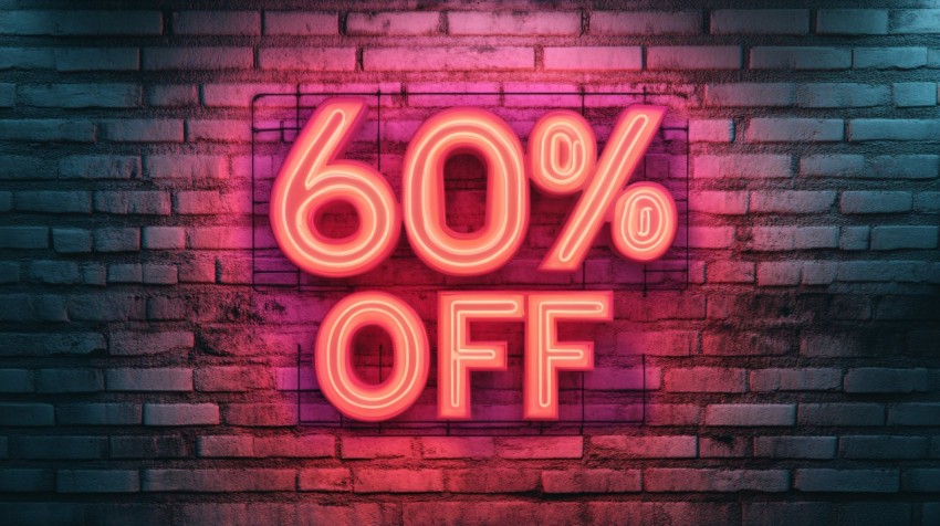 Beige Neon "60% OFF" on Brick Wall