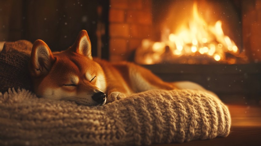 Shiba Dog Sleeping by Cozy Winter Fireplace