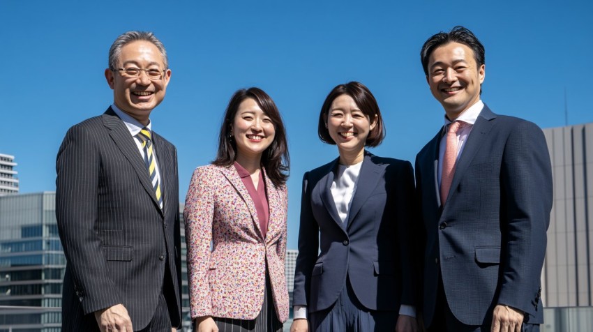 Japanese Business Team Smiling Under Blue Sky