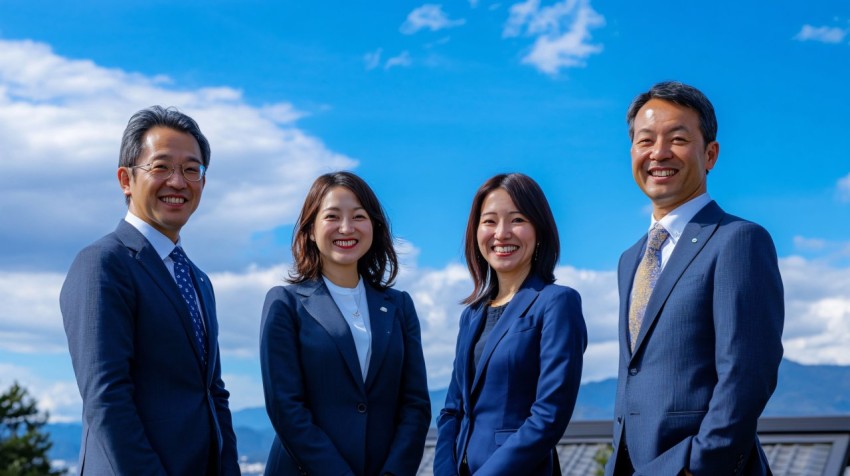 Japanese Business Team Smiling Under Clear Sky