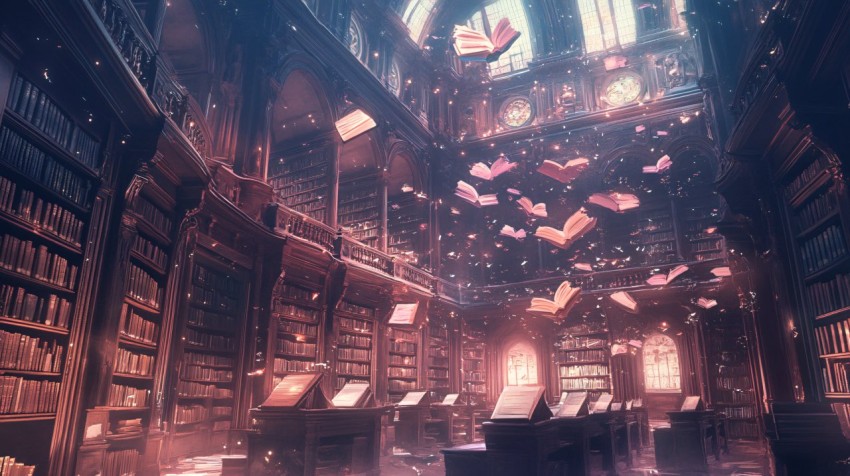 Fantasy Library with Enchanted Flying Books