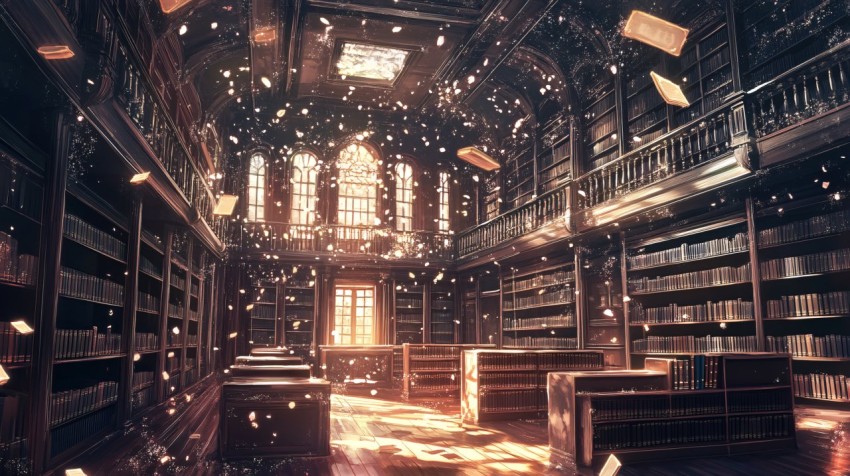 Fantasy Library with Magical Flying Books Midday