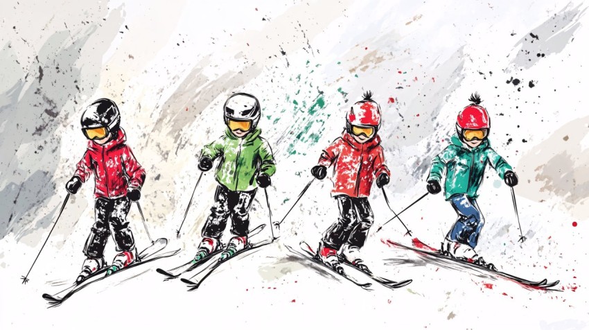 Kids Skiing in Savoy Summer Playful Illustration