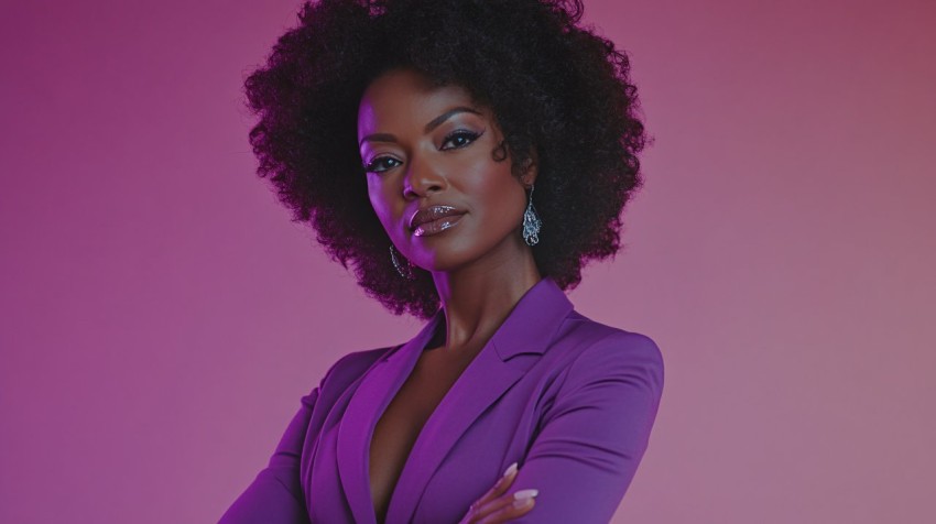 Confident Black Woman in Flowing Purple Attire