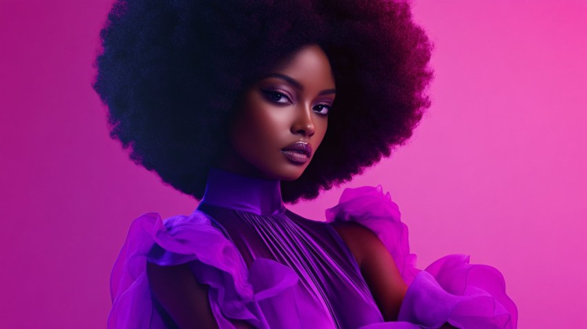 Confident Black Woman in Elegant Flowing Purple Attire