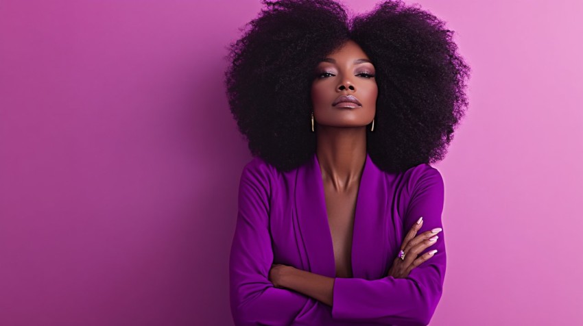 Confident Black Woman in Flowing Purple Attire