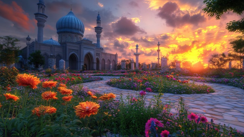 Fantasy Paradise Flowers in Islamic Mosque Garden