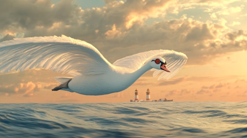 White Swan with Steampunk Watch Flying Over Ocean