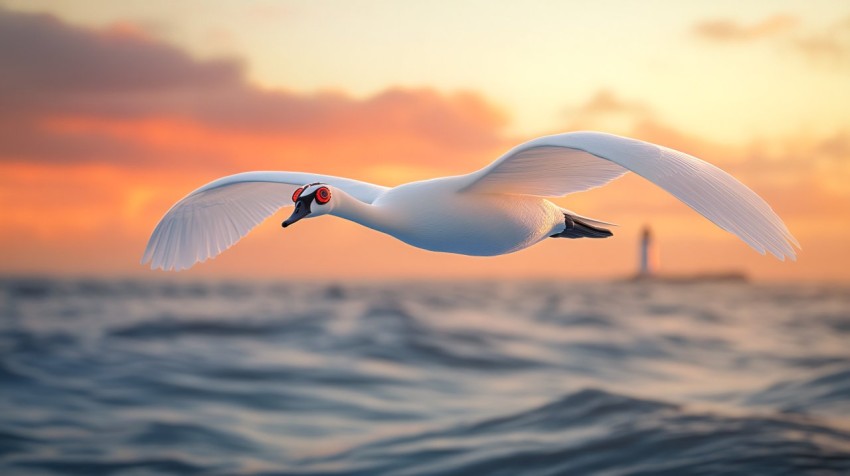 White Swan Flying with Steampunk Watch Over Ocean