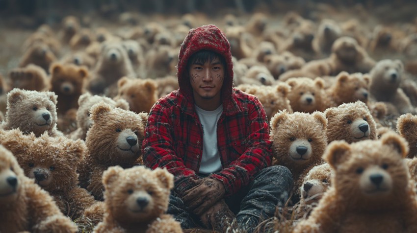 Asian Lumberjack Sitting Amongst Teddy Bears in Forest