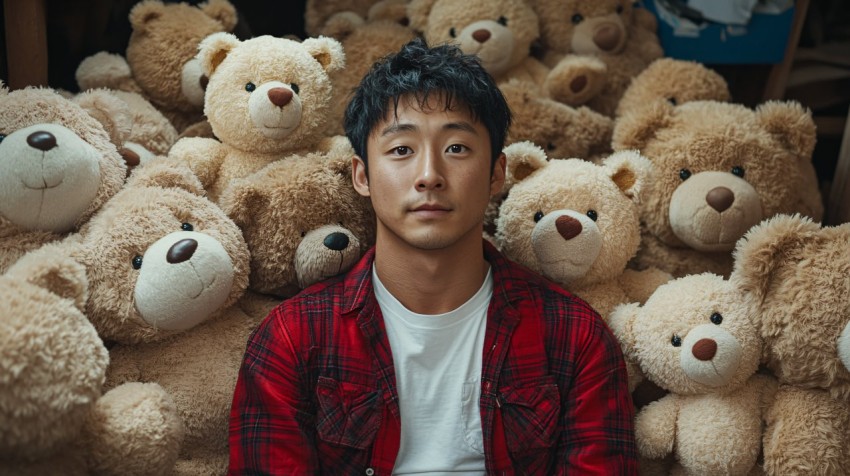 Asian Lumberjack Sitting with Teddy Bears in Nature