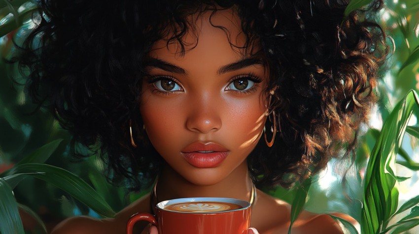 90s Woman with Short Curly Hair Holding Coffee