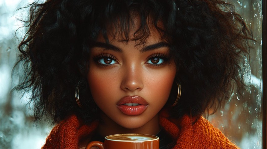 90s Woman with Short Curly Hair Holding Coffee