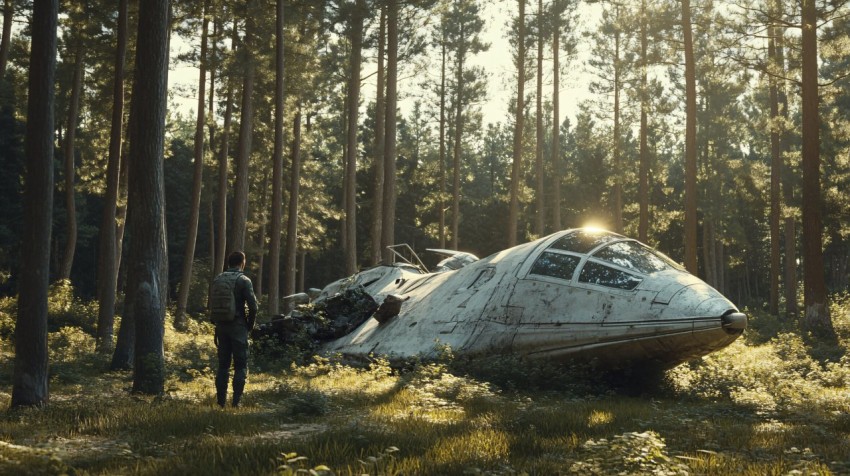 Shipwrecked Spaceship in Pine Forest Cinematic Scene