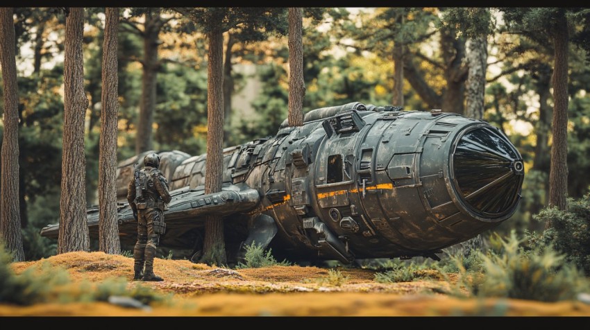 Shipwrecked Spaceship in Pine Forest with Soldier