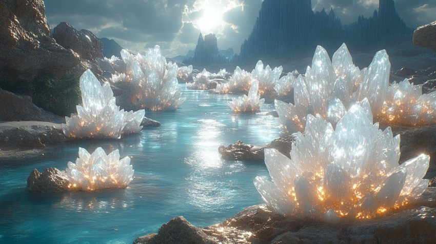 Alien Crystal Landscape with Turquoise River and Mountains