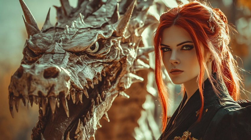 Redhead Samurai Facing Dragon Skeleton Scene