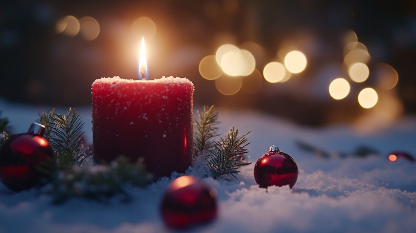 Red Christmas Candle with Pine and Snowy Background