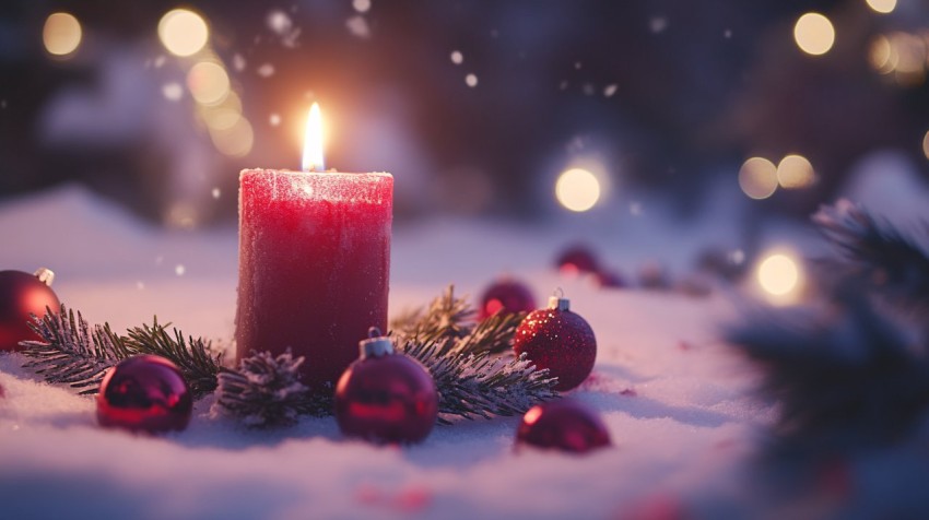 Red Christmas Candle with Snowy Festive Background