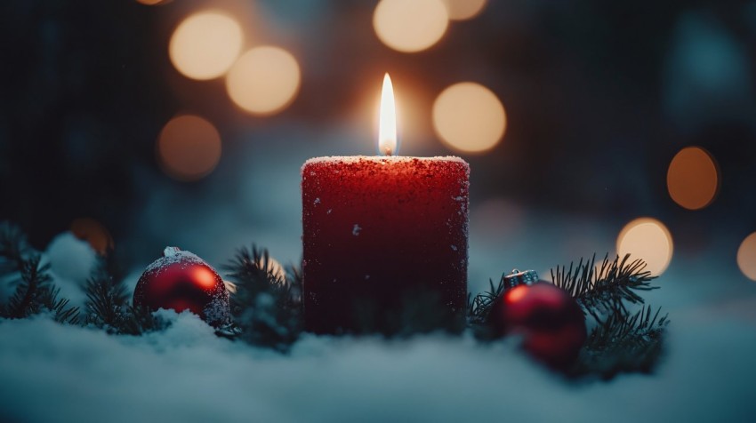 Burning Red Christmas Candle with Snowy Background