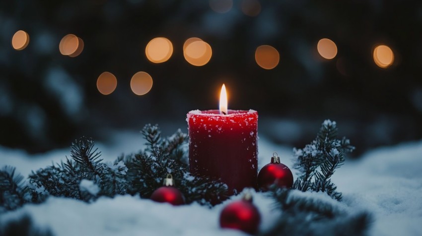 Red Christmas Candle with Pine and Snowy Lights