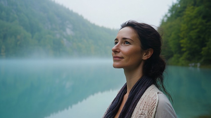 Slovenian Woman by Mystical Lake in Soft Light