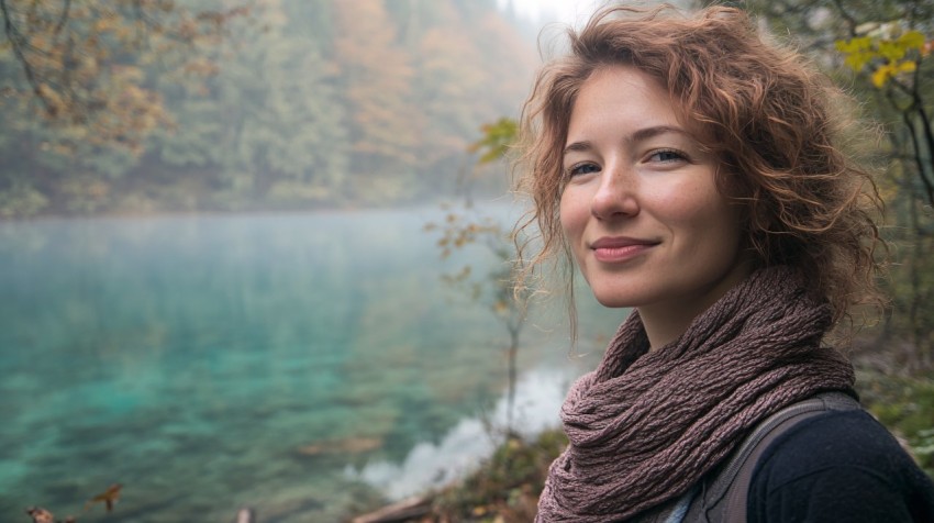 Slovenian Woman by Mystical Lake in Soft Light