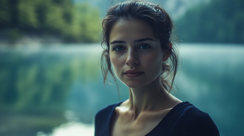 Mystical Slovenian Woman Close-Up by Tranquil Lake