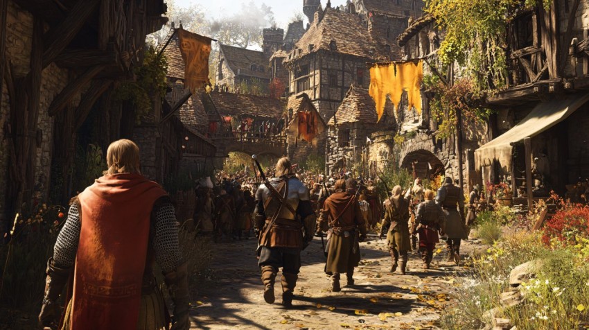 Triumphant Adventurers Departing Medieval Town Gate