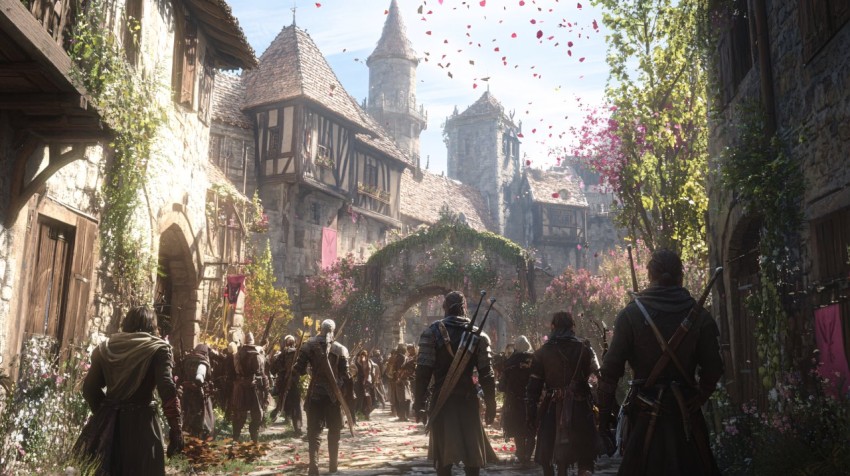 Adventurers Leaving Medieval Town After Triumphant Return