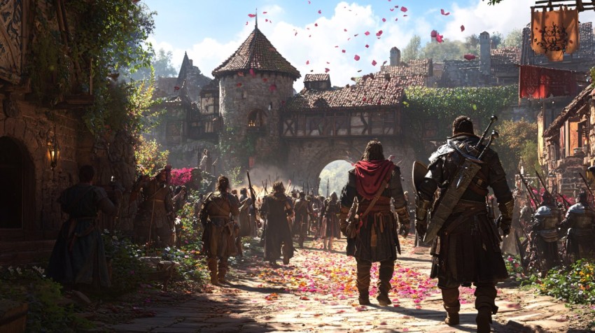 Triumphant Adventurers Departing from Medieval Town Gate