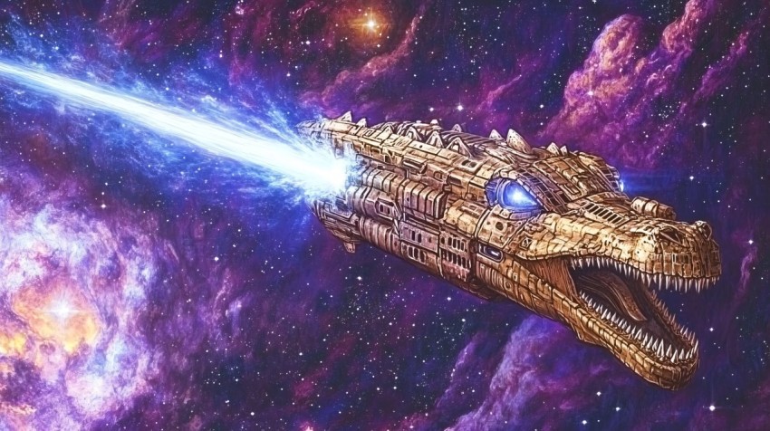 Futuristic Armored Dragon Firing Energy Beam in Space