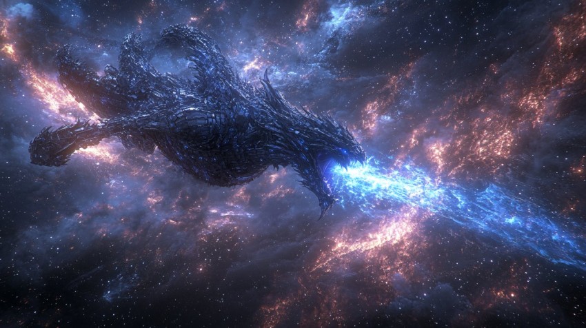 Futuristic Armored Dragon Unleashing Blue Energy in Space